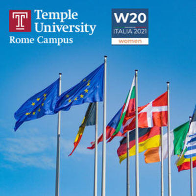 Flags in European Union with Temple Rome and W20 Italy logo